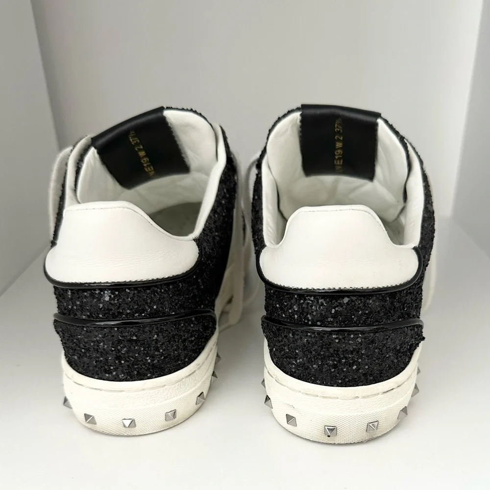 EUC Valentino Garavani Glitter Rockstud Lace Up Sneakers BLACK 37.5 FLY CREW - Picture 10 of 13